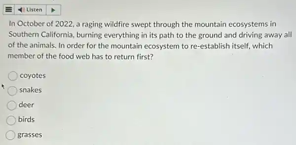 In October of 2022 , a raging wildfire swept through the mountain ecosystems in
Southern California, burning everything in its path to the ground and driving away all
of the animals. In order for the mountain ecosystem to re-establish itself, which
member of the food web has to return first?
coyotes
snakes
deer
birds
grasses