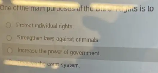 One of the main purposes of the	is is to
Protect individual rights.
Strengthen laws against criminals.
Increase the power of government.
system.