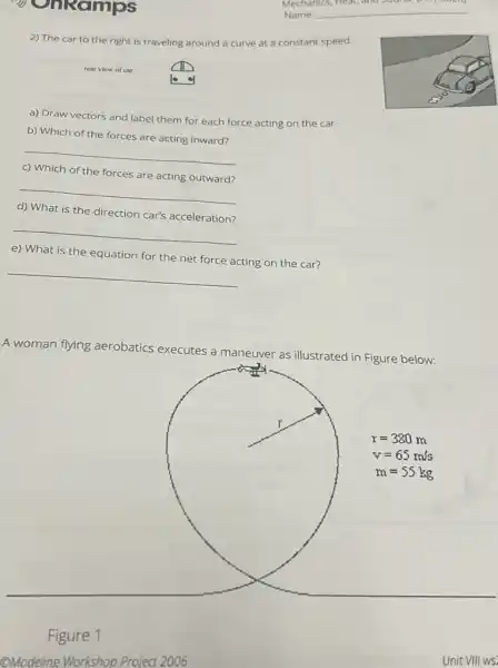 OnRamps
Mechanics, Heat, and Sound (1) 9021
Name: __
2) The car to the right is traveling around a curve at a constant speed.
rear view of car
a) Draw vectors and label them for each force acting on the car.
b) Which of the forces are acting inward?
__
c) Which of the forces are acting outward?
__
d) What is the direction car's acceleration?
__
e) What is the equation for the net force acting on the car?
__
A woman flying aerobatics executes a maneuver as illustrated in Figure below:
Figure 1
OModeling Workshop Project 2006