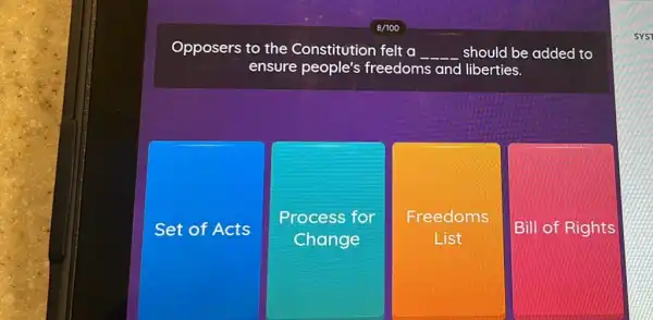 Opposers to the Constitution felt a __ should be added to
ensure people's freedoms and liberties.
Set of Acts
Process for
Change
Freedoms
List
Bill of Rights
sYST