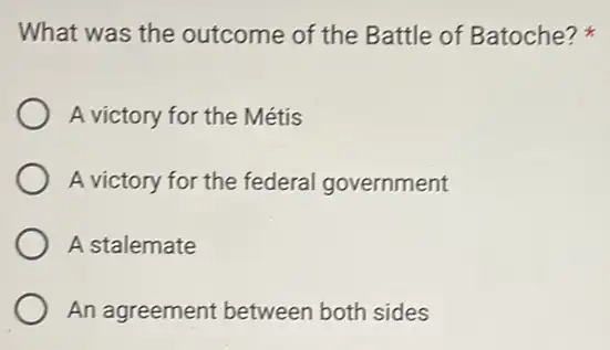 What was the outcome of the Battle of Batoche?
A victory for the Métis
A victory for the federal government
A stalemate
An agreement between both sides