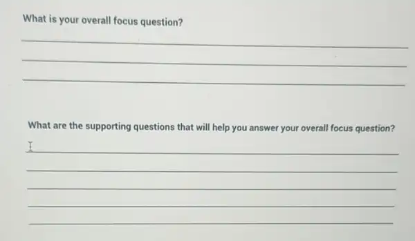 What is your overall focus question?
__
What are the supporting questions that will help you answer your overall focus question?
__