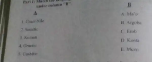Part 1: Match the range
under column "B".
A
1. Chari-Nile
2. Semitic
3. Koman
4. Omotic
5. Cushitic
B
A. Ma'O
B. Argoba
C. Erob
D. Konta
E. Mursi