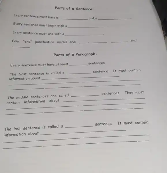 Parts of a Sentence:
Every sentence must have a
__ and a __
Every sentence must begin with a __
Every sentence must end with a __
Four "end" punctuation marks are: __ __ __ and
of
__
Parts of a Paragraph:
Every sentence must have at least
__ sentences.
__
The first sentence is called a __ sentence. It must contain
__
The middle sentences are called
__ sentences.They must
__
__
is alled a
The last sentence is called a
__
sentence. It must contain