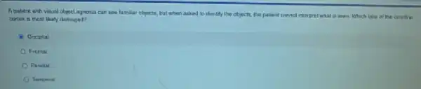 A patient with visual object agnonia can seo tamilat objects, but when asked to dontity the objects, the patient cannot Which labe of the conotral
coriox in most likaty damaged?
Docipital
Frontal
Parietal
Temparal