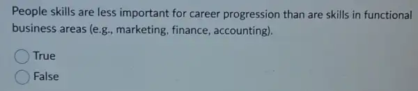 People skills are less important for career progression than are skills in functional
business areas (e.g., marketing, finance accounting).
True
False