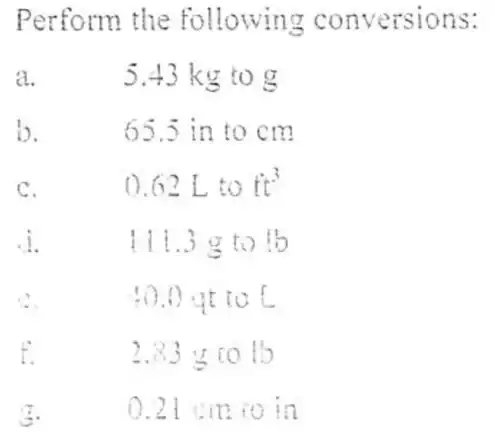 Perform the following conversions:
a.	5.43 kg to g
b.	65.3 in to cm
C.	0.62Ltott^3
i.	111.3 g to b
to.0 gtiol
f.	2.33 y co 15
3.	0.21 cm io in