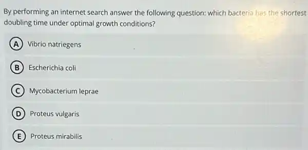 By performing an internet search answer the following question: which bacteria has the shortest
doubling time under optimal growth conditions?
A Vibrio natriegens
B Escherichia coli
C Mycobacterium leprae
D Proteus vulgaris
E Proteus mirabilis