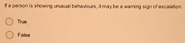 If a person is showing unusual behaviours, it may be a warning sign of escalation.
True
False