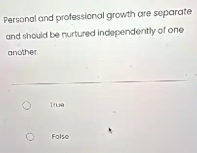 Personal and professional growth are separate
and should be nurtured independently of one
another.
True
False