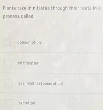 Plants take in nitrates through their roots in a
process called
consumption
nitrification
assimilation (absorption)
excretion