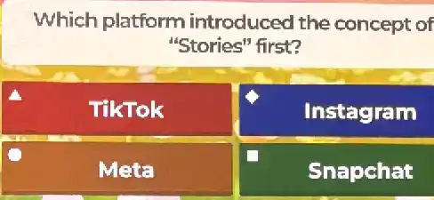 Which platform introduced the concept of
"Stories" first?
TikTok
Instagram
Meta
Snapchat