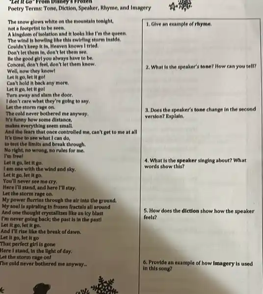 Poetry Terms: Tone, Diction ,Speaker, Rhyme, and Imagery
The snow glows white on the mountain tonight,
not a footprint to be seen.
A kingdom of Isolation and It looks like I'm the queen.
The wind is howling Ilike this swirling storm Inside.
Couldn't keep it in Heaven knows I tried.
Don't let them in don't let them see.
Be the good girl you always have to be.
Conceal, don't feel, don't let them know.
Well, now they know!
Let it go, let it go!
Can't hold it back any more.
Let it go, let it go!
Turn away and slam the door.
I don't care what they're going to say.
Let the storm rage on.
The cold never bothered me anyway.
It's funny how some distance.
makes everything seem small.
And the fears that once controlled me, can't get to me at all
It's time to see what I can do.
to test the limits and break through.
No right, no wrong.no rules for me.
I'm freel
Let it go, let it go.
I am one with the wind and sky.
Let it go, let It go.
You'll never see me cry.
Here I'll stand, and here I'll stay.
Let the storm rage on.
My power flurries through the air into the ground.
My soul is spirallng In frozen fractals all around
And one thought crystallize: like an Icy blast
I'm never going back;the past is in the pastl
Let it go, let It go.
And I'll rise like the break of dawn.
Let it go, let it go
That perfect girl is gone
Here I stand, in the light of day.
Let the storm rage onl
The cold never bothered me anyway...
square 
1. Give an example of rhyme.
2. What is the speaker's tone? How can you tell?
3. Does the speaker's tone change in the second
version? Explain.
4. What is the speaker singing about? What
5. How does the diction show how the speaker
feels?
6. Provide an example of how Imagery is used