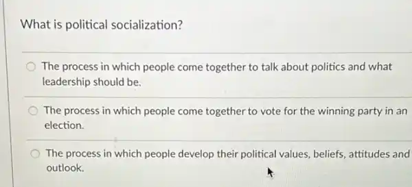 What is political socialization?
The process in which people come together to talk about politics and what
leadership should be.
The process in which people come together to vote for the winning party in an
election.
The process in which people develop their political values, beliefs, attitudes and
outlook.