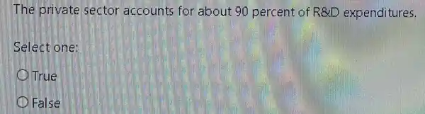 The private sector accounts for about 90 percent of R&D expenditures.
Select one:
True
False