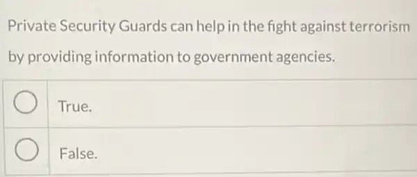 Private Security Guards can help in the fight against terrorism
by providing information to government agencies.
True.
False.