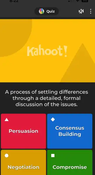 A process of settling differences
through a detailed , formal
discussion of the issues.
Persuasion
Consensus
Building
Negotiation
Compromise