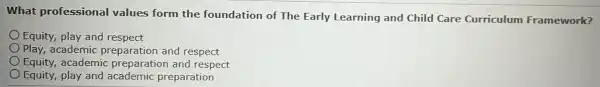 What professional values form the foundation of The Early Learning and Child Care Curriculum Framework?
Equity, play and respect
Play, academic preparation and respect
Equity,academic prepa ration and respect
Equity, play and academic preparation