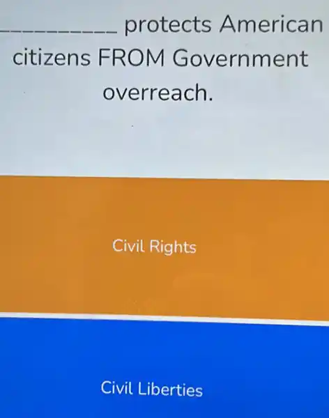 __ protects American
citizens FROM Government
overreach.
Civil Rights
Civil Liberties