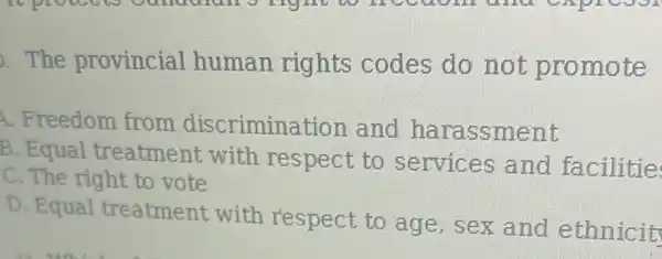 . The provincial human rights codes do not promote
A. Freedom from discrimination and harassment
B. Equal treatment with respect to services and facilitie
C. The right to vote
D. Equal treatment with respect to age , sex and ethnicit