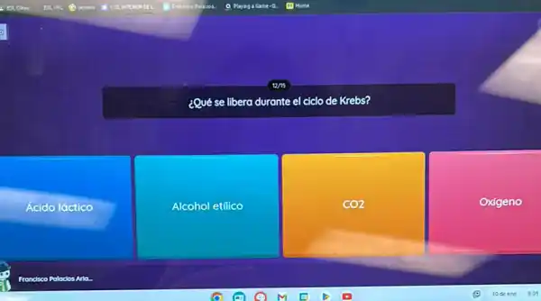 ¿Qué se libera durante el ciclo de Krebs?
Acido láctico
Alcohol etilico
CO2
Oxigeno