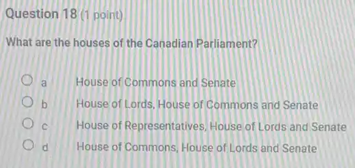 Question 18 (1 point)
What are the houses of the Canadian Parliament?
a	House of Commons and Senate
b House of Lords, House of Commons and Senate
C House of Representatives House of Lords and Senate
d House of Commons, House of Lords and Senate