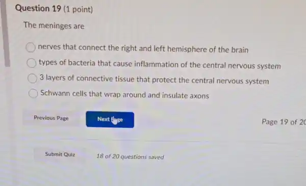 Question 19 (1 point)
The meninges are
nerves that connect the right and left hemisphere of the brain
types of bacteria that cause inflammation of the central nervous system
3 layers of connective tissue that protect the central nervous system
Schwann cells that wrap around and insulate axons