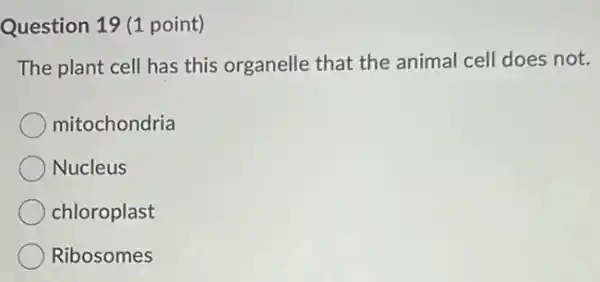 Question 19 (1 point)
The plant cell has this organelle that the animal cell does not.
mitochondria
Nucleus
chloroplast
Ribosomes