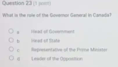 Question 23 (1 point)
What is the role of the Governor General in Canada?
a	Head of Government
b Head of State
e Representative of the Prime Minister
d Leader of the Opposition