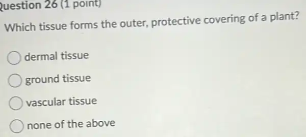 Question 26 (1 point)
Which tissue forms the outer, protective covering of a plant?
dermal tissue
ground tissue
vascular tissue
none of the above