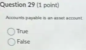 Question 29 (1 point)
Accounts payable is an asset account.
True
False