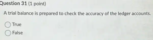 Question 31 (1 point)
A trial balance is prepared to check the accuracy of the ledger accounts.
True
False