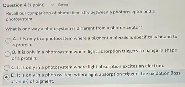 Question 4(1 point)
Recall our comparison of photochemistry between a photoreceptor and a
photosystem.
What is one way a photosystem is different from a photoreceptor?
A. It is only in a photosystem where a pigment molecule is specifically bound to
a protein.
B. It is only in a photosystem where light absorption triggers a change in shape
of a protein.
C. It is only in a photosystem where light absorption excites an electron.
D. It is only in a photosystem where light absorption triggers the oxidation (loss
of an e-) of pigment.
√ Saved