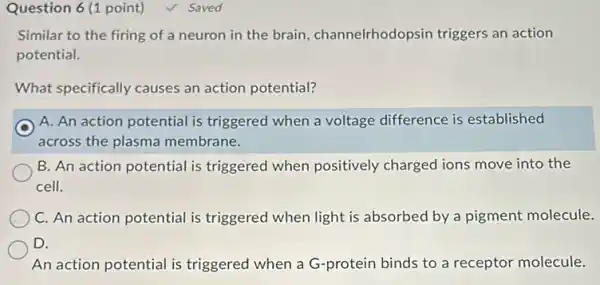 Question 6 (1 point)
Similar to the firing of a neuron in the brain channelrhodopsin triggers an action
potential.
What specifically causes an action potential?
A. An action potential is triggered when a voltage difference is established
across the plasma membrane.
B. An action potential is triggered when positively charged ions move into the
cell.
C. An action potential is triggered when light is absorbed by a pigment molecule.
D.
An action potential is triggered when a G-protein binds to a receptor molecule.