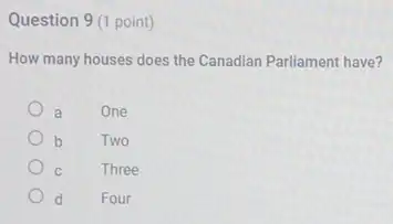 Question 9 (1 point)
How many houses does the Canadian Parliament have?
a One
b Two
C Three
d Four