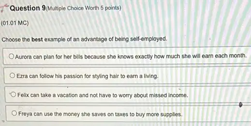 Question 94Multiple Choice Worth 5 points)
(01.01 MC)
Choose the best example of an advantage of being self-employed.
Aurora can plan for her bills because she knows exactly how much she will earn each month.
Ezra can follow his passion for styling hair to earn a living.
Felix can take a vacation and not have to worry about missed income.
Freya can use the money she saves on taxes to buy more supplies.