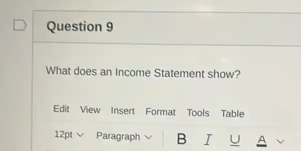 Question 9
What does an Income Statement show?
Edit View Insert Format Tools Table