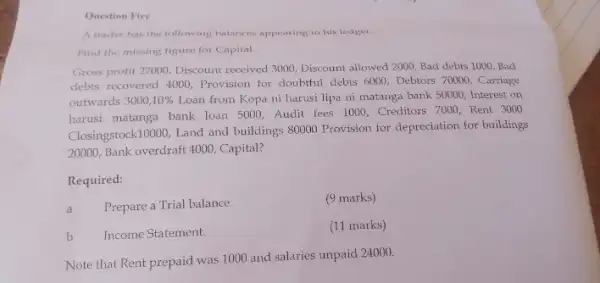 Question Five
A trader has the following balances appearing, in his ledger.
Find the missing figure for Capital.
Gross profit 27000, Discount received 3000, Discount allowed 2000, Bad debts 1000 Bad
debts recovered 4000, Provision for doubtful debts 6000 Debtors 70000, Carriage
outwards 3000,10%  Loan from Kopa ni harusi lipa ni matanga bank 50000, Interest on
harusi matanga bank loan 5000, Audit fees 1000,Creditors 7000, Rent 3000
Closingstock10000, Land and buildings 80000 Provision for depreciation for buildings
20000, Bank overdraft 4000 . Capital?
Required:
a Prepare a Trial balance
(9 marks)
b Income Statement.
(11 marks)
Note that Rent prepaid was 1000 and salaries unpaid 24000.