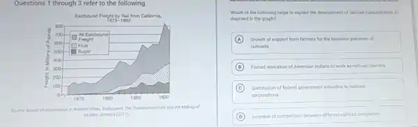 Questions 1 through 3 refer to the following.
Which of the following helps to explain the development of railroad transportation as depicted in the graph?
(A) Growth of support from farmers for the business practices of railroads
(B) Forced relocation of American Indians to work as railroad laborers
(C) Distribution of federal government subsidies to railroad corporations
(D) Increase of competition between different railroad companies