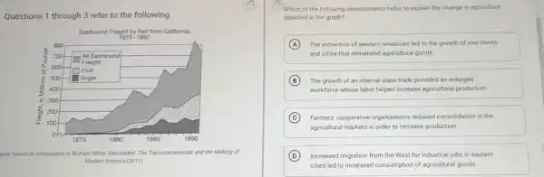 Questions 1 through 3 refer to the following.
Which of the following developments helps to explain the change in agriculture depicted in the graph?
(A) The extraction of western resources led to the growth of new towns and cities that demanded agricultural goods.
(B) The growth of an internal slave trade provided an enlarged workforce whose labor helped increase agricultural production.
(C) Farmers' cooperative organizations reduced consolidation in the agricultural markets in order to increase production.
(D) Increased migration from the West for industrial jobs in eastern cities led to increased consumption of agricultural goods.