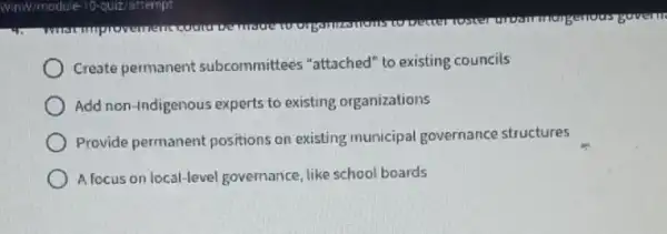 -quiz/attempt
Create permanent subcommittees "attached" to existing councils
Add non-Indigenous experts to existing organizations
Provide permanent positions on existing municipal governance structures
A focus on local-level governance like school boards