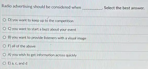 Radio advertising should be considered when __ Select the best answer.
D) you want to keep up to the competition
C) you want to start a buzz about your event
B) you want to provide listeners with a visual image
F) all of the above
A) you wish to get information across quickly
E) a, c, and d