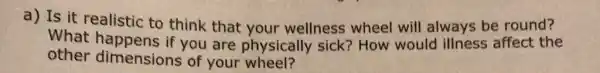 a) Is it realistic to think that your wellness wheel will always be round?
What happens if you are physically sick?How would illness affect the
other dimensions of your wheel?