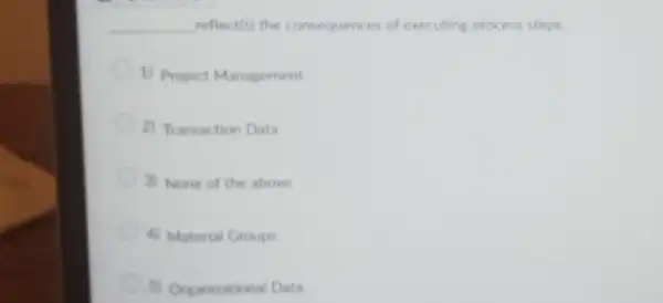 __ reflect(s) the consequences of executing process steps
1) Project Management
2) Transaction Data
3) None of the above
4) Material Groups
5) Organizational Data