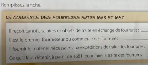 Remplissez la fiche.
LE COMMERCE DES FOURRURES ENTRE 1663 ET 1687
II reçoit canots,salaires et objets de traite en échange de fourrures: __
ll est le premier fournisseur du commerce des fourrures: __
II fournit le matériel nécessaire aux expéditions de traite des fourrures:
Ce qu'il faut détenir, à parti de 1681, poul faire la traite des fourrures:
__