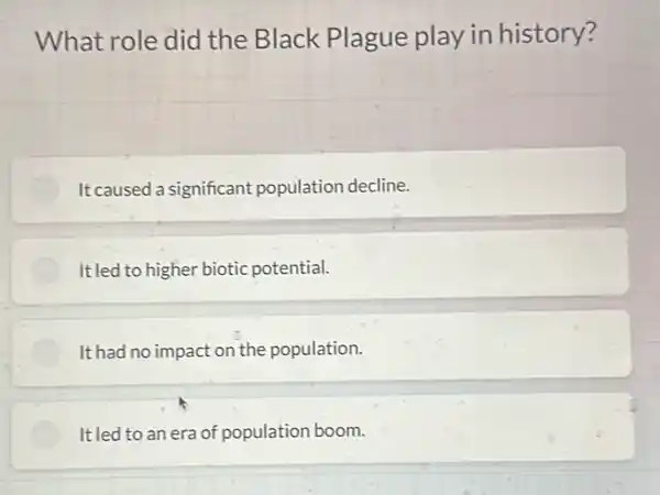 What role did the Black Plague play in history?
It caused a significant population decline.
It led to higher biotic potential.
It had no impact on the population.
It led to an era of population boom.