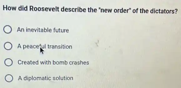 How did Roosevelt describe the "new order"of the dictators?
An inevitable future
A peaceful transition
Created with bomb crashes
A diplomatic solution