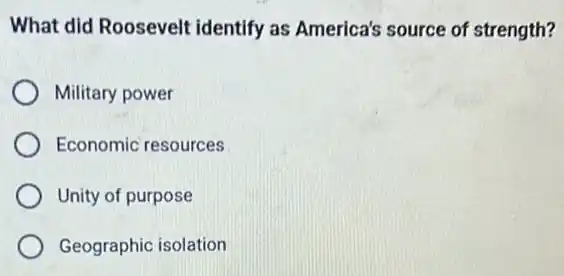 What did Roosevelt identify as America's source of strength?
Military power
Economic resources
Unity of purpose
Geographic isolation