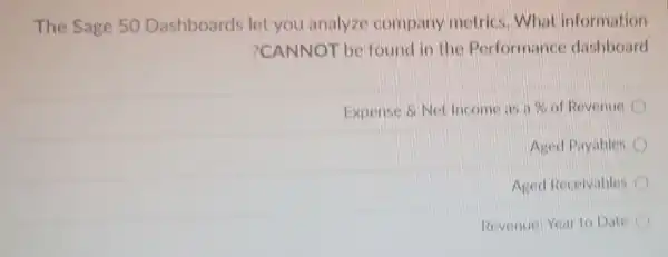 The Sage 50 Dashboards let you analyze company metrics. What information
?CANNOT be found in the Performance dashboard
Expense Net Income as sun of Revenue
Ared Payables
Aned Receivables
Date