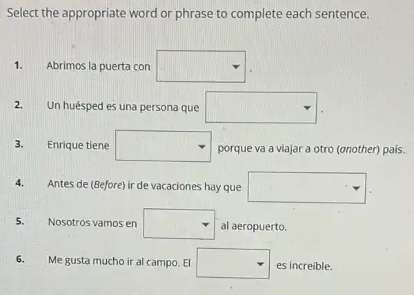 Select the appropriate word or phrase to complete each sentence.
1. Abrimos la puerta con square 
2. Un huésped es una persona que square 
3. Enrique tiene square  porque va a viajar a otro (another) pais.
4. Antes de (Before) ir de vacaciones hay que square 
5. Nosotros vamos en square  al aeropuerto.
6. Me gusta mucho ir al campo. El square  es increíble.